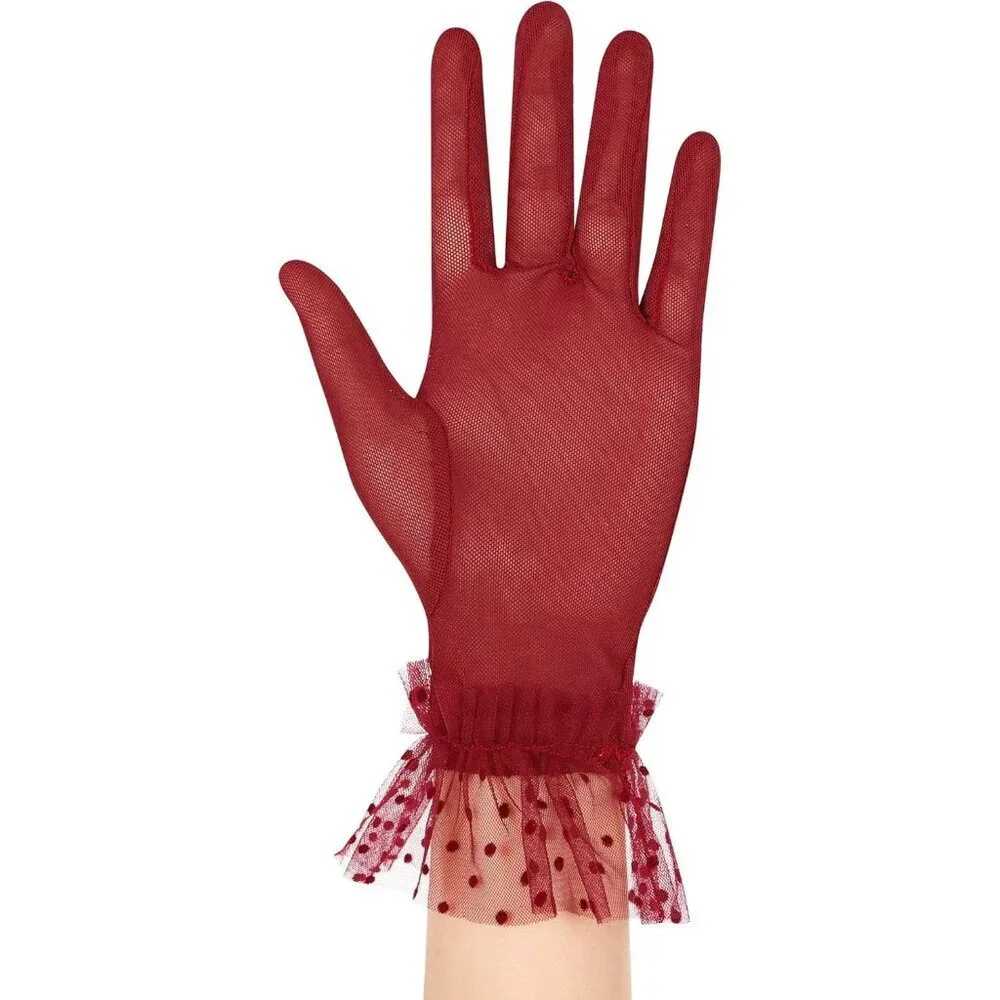 Women's Short Lace Burgundy Sheer Mesh Tea Party Prom Gloves Banquet Costume